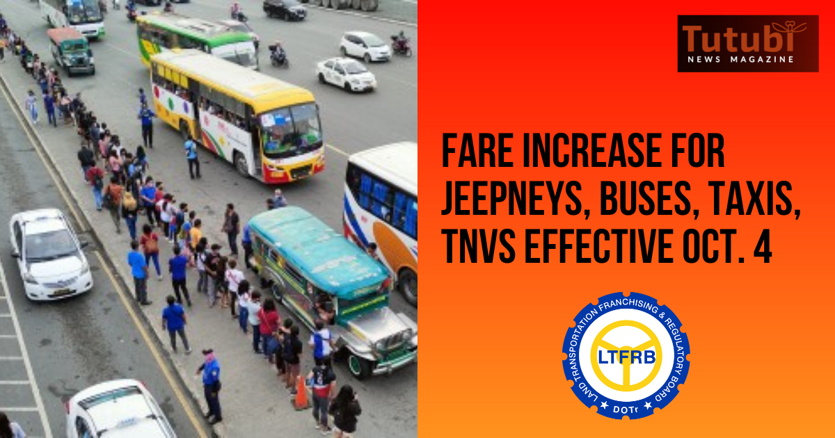 Fare increase for jeepneys, buses, taxis, TNVS effective Oct. 4